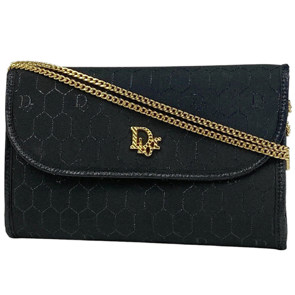 Christian Dior Honeycomb Chain Shoulder Bag Canvas Black